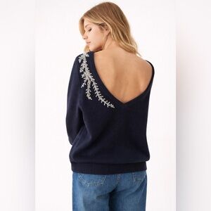 ba&sh Dark Blue Bejeweled Open Back Wool Cashmere Sweater